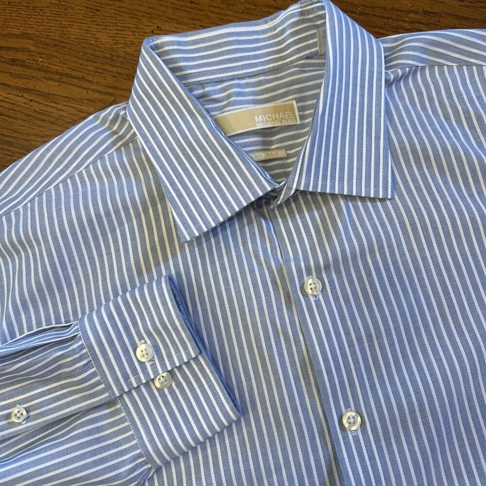 Michael Kors Non Iron Dress Shirt 17 1/2 32/33 Blue Striped Cotton Office